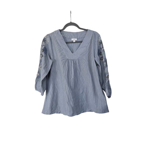 J Jill Blue White Pinstripe Floral Embroidered Boho Peasant Comfy Top, Sz Medium - Picture 1 of 9